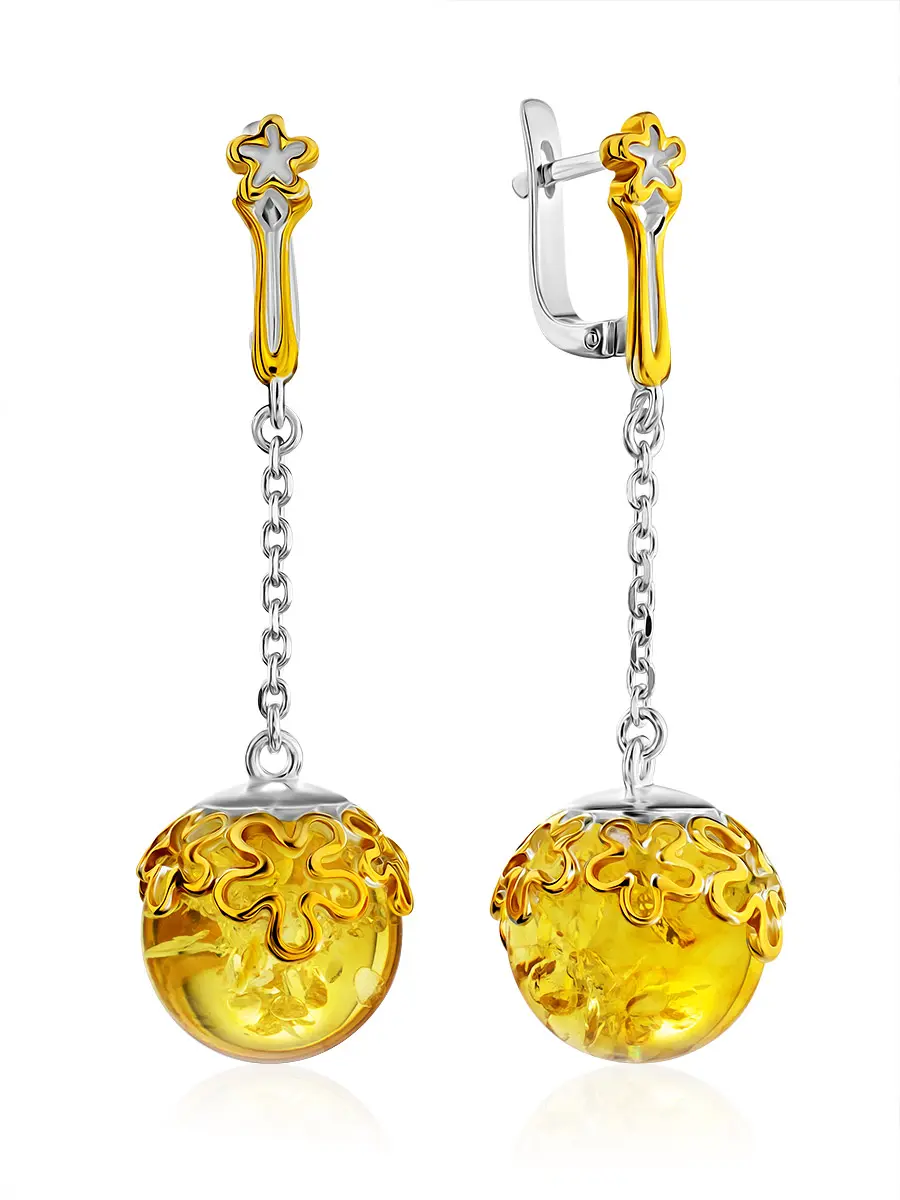 картинка Нарядные красивые серьги из серебра с позолотой и яркого лимонного янтаря «Сен Жермен» в онлайн магазине