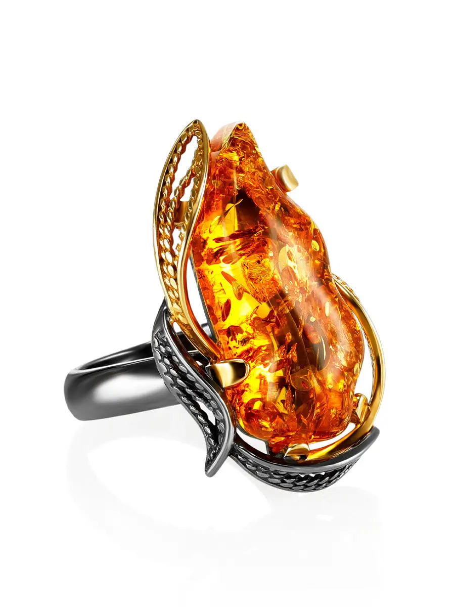 картинка Изысканное кольцо из серебра и натурального золотистого янтаря «Филигрань» в онлайн магазине