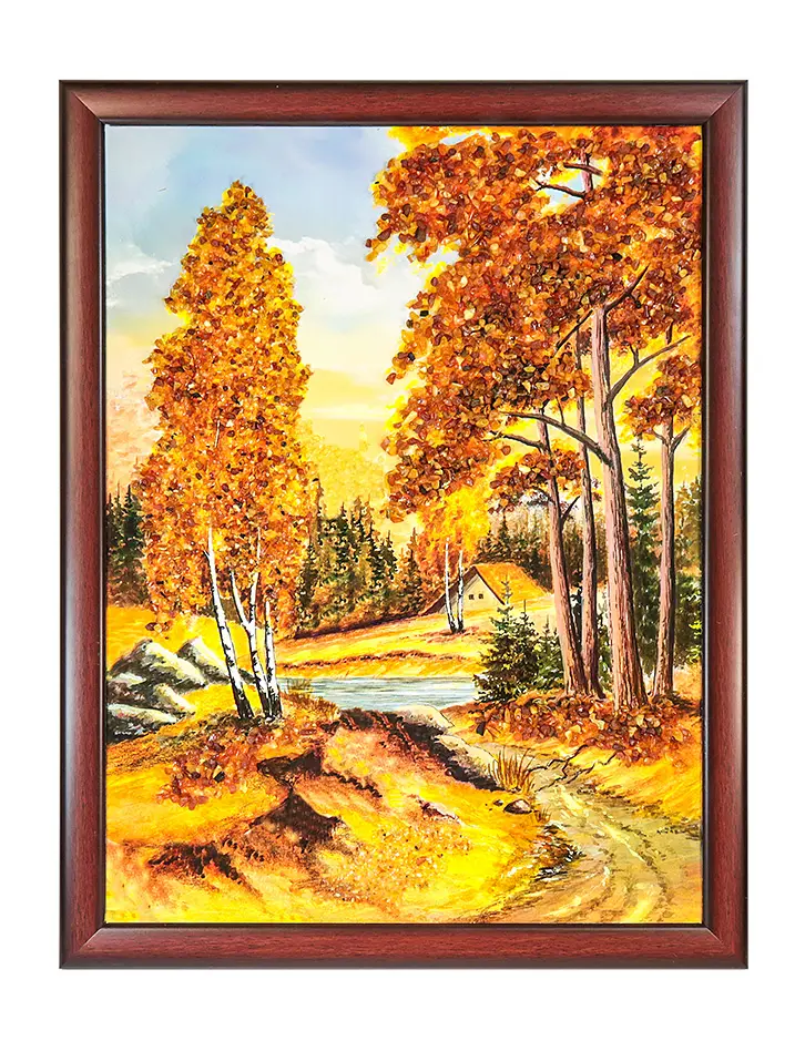 картинка Вертикальная картина, украшенная натуральным янтарём «Домик за холмом» в онлайн магазине