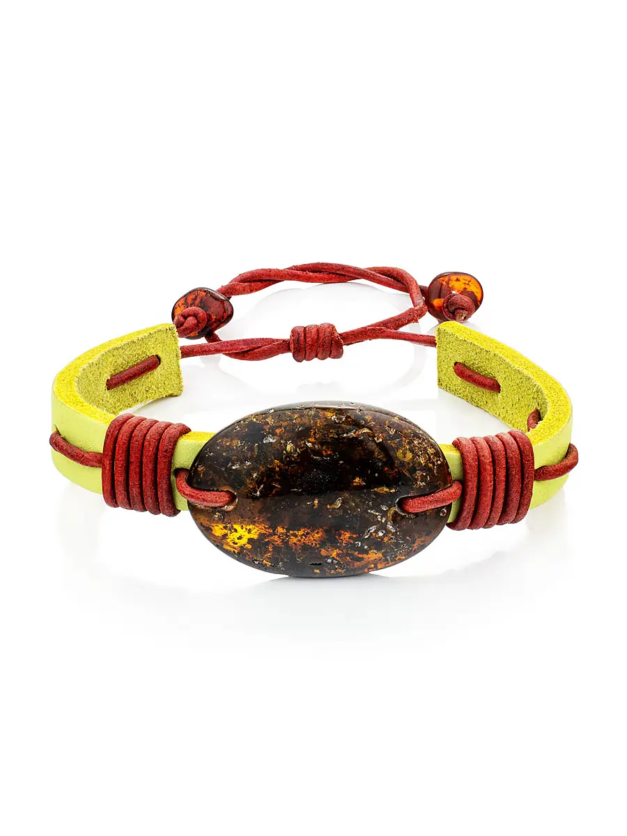 картинка Яркий браслет из салатовой кожи с натуральным янтарём «Копакабана» в онлайн магазине