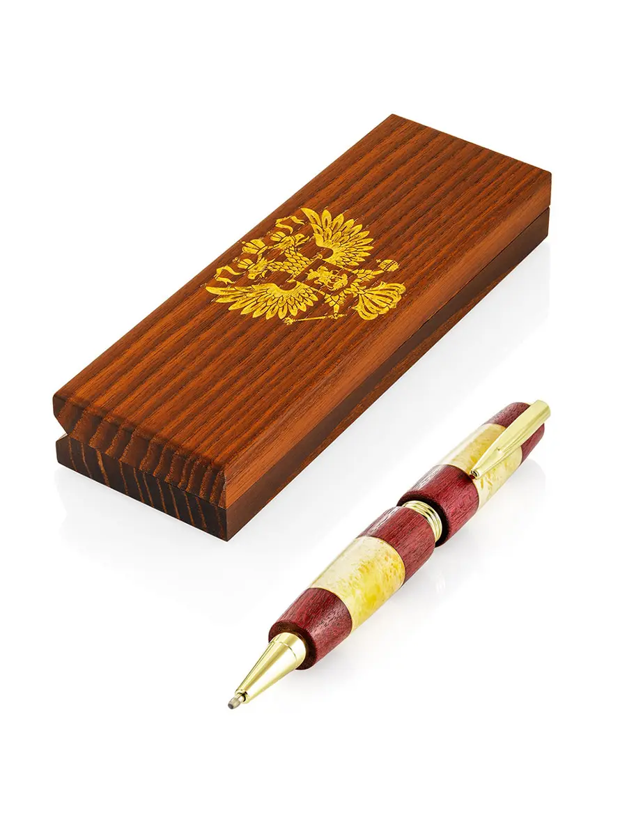картинка Ручка из янтаря и дерева в деревянном футляре с гравировкой «Герб России» в онлайн магазине