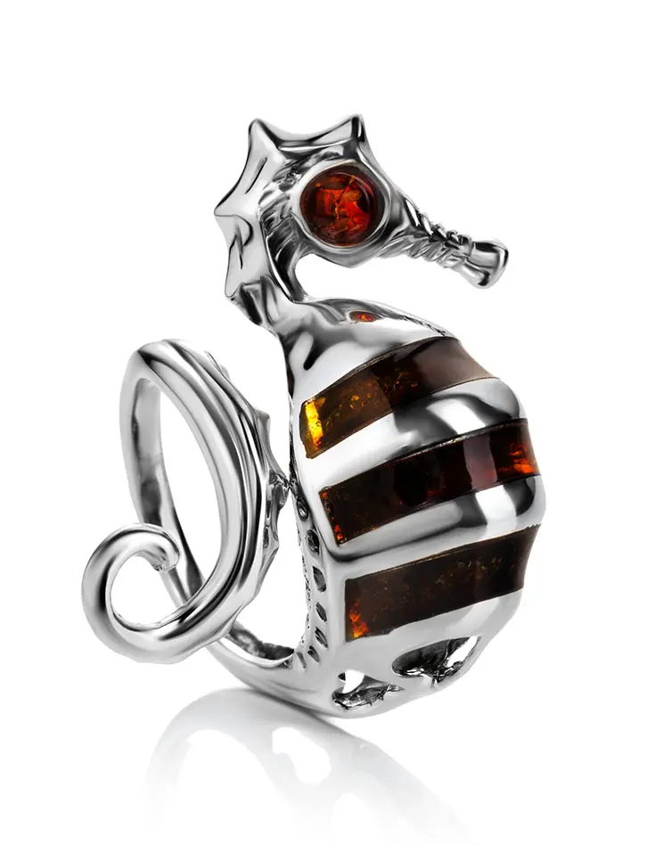 картинка Удивительное кольцо из серебра и натурального балтийского янтаря «Морской конёк» в онлайн магазине