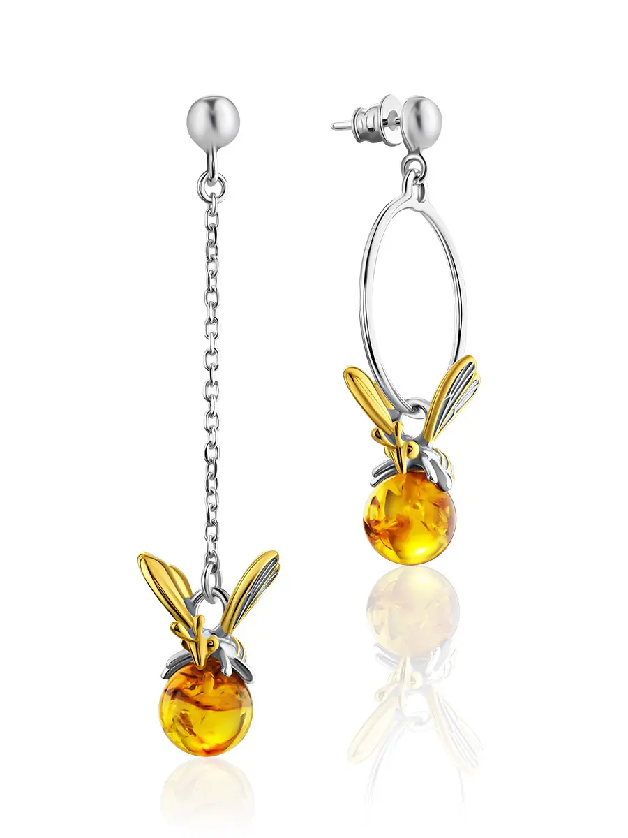 картинка Яркие оригинальные асимметричные серьги «Винни Пух» из серебра и янтаря в онлайн магазине