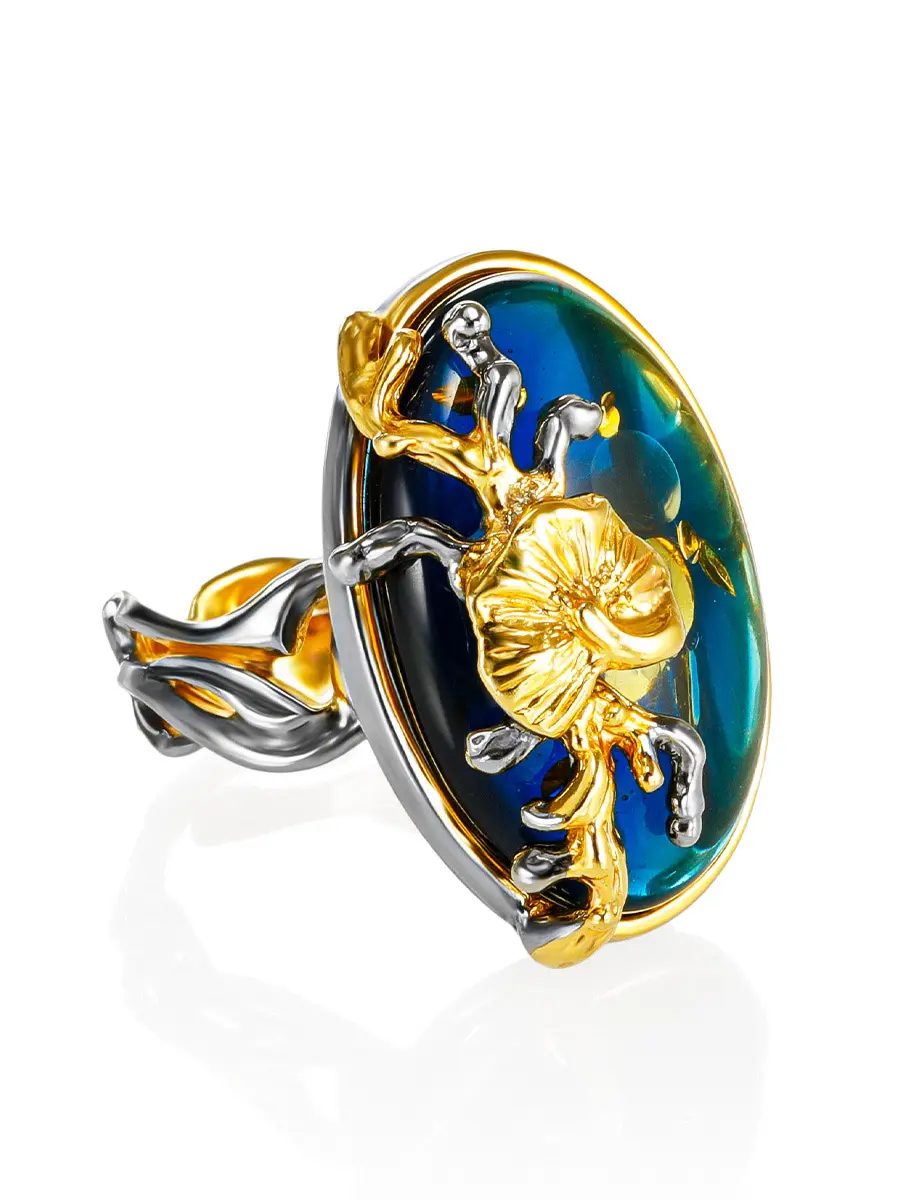 картинка Роскошное кольцо с переливающимся голубым янтарём «Версаль» в онлайн магазине