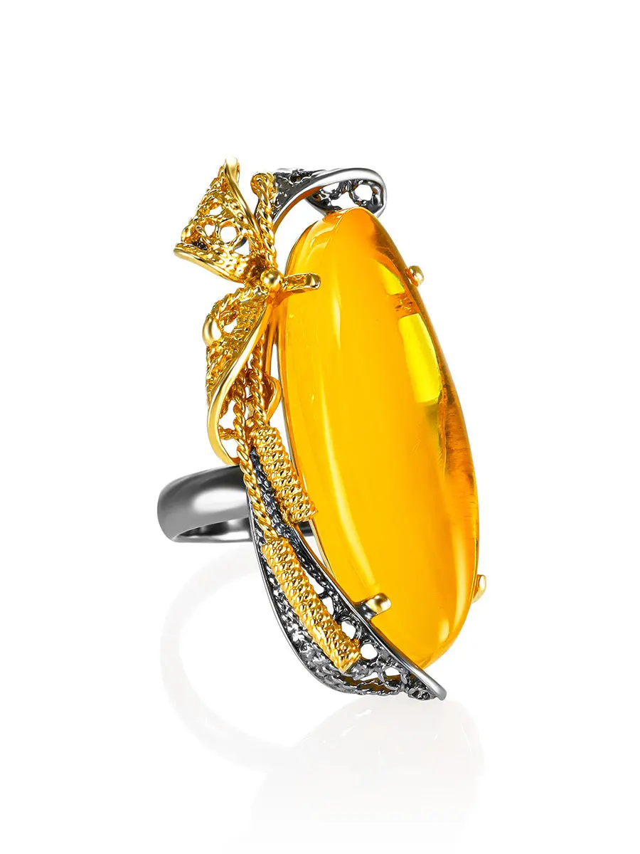 картинка Роскошное кольцо руной работы «Филигрань» с медовым янтарём в онлайн магазине