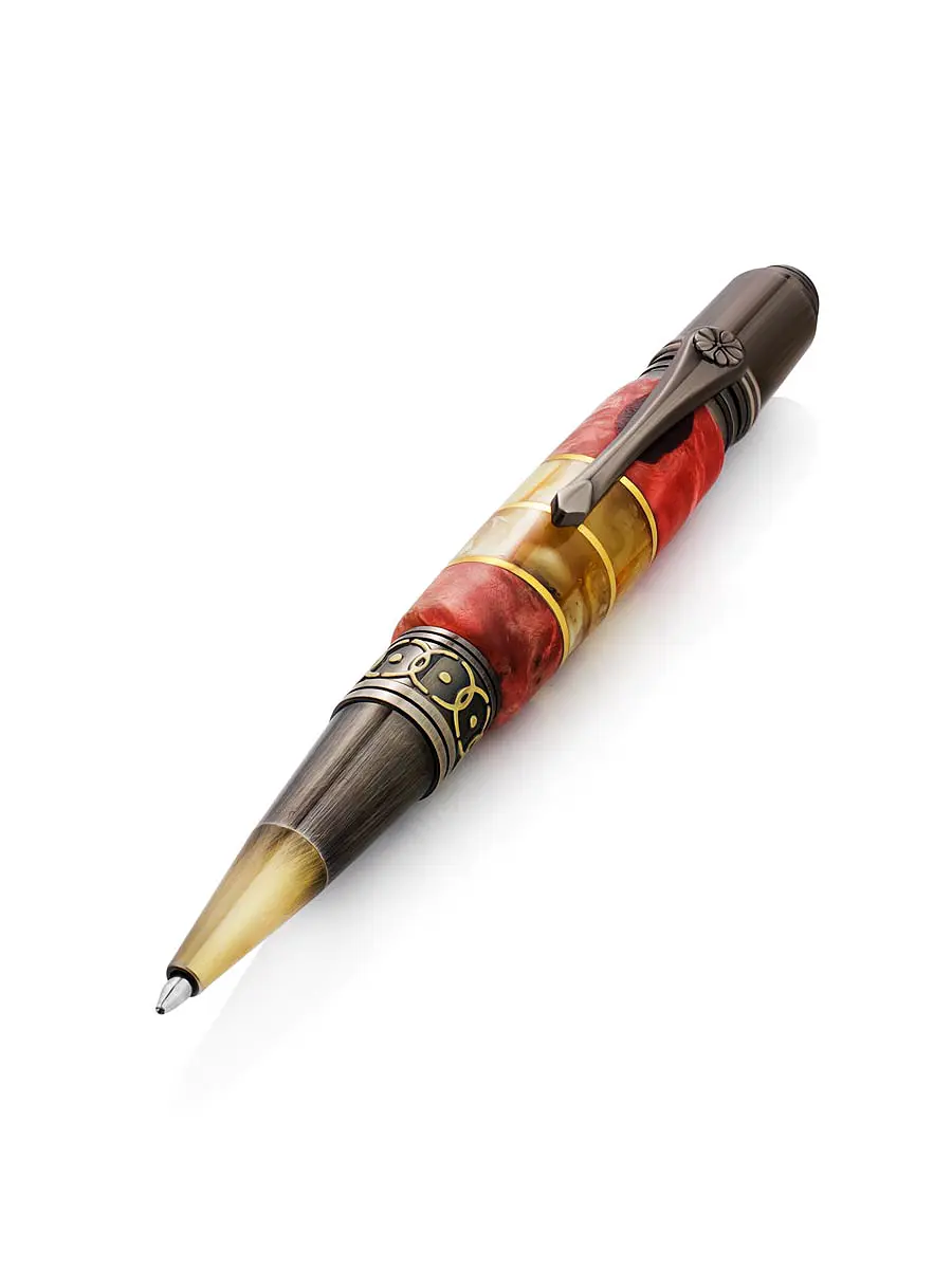 картинка Ручка из латуни, украшенная древесиной карельской берёзы и натуральным янтарём в онлайн магазине