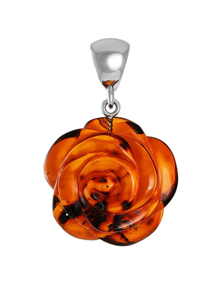 картинка Красивый резной кулон «Роза чайная» из натурального янтаря насыщенного коньячного цвета в онлайн магазине