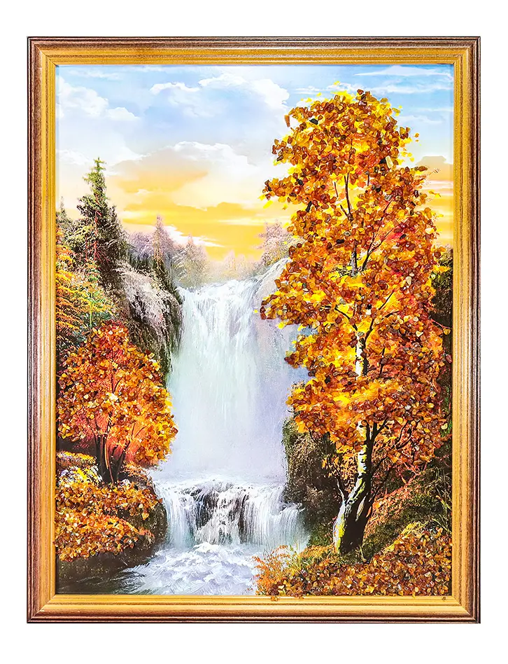 картинка Вертикальный пейзаж, украшенный натуральным янтарём «Водяная пыль» 43 см (В) х 33 см (Ш) в онлайн магазине