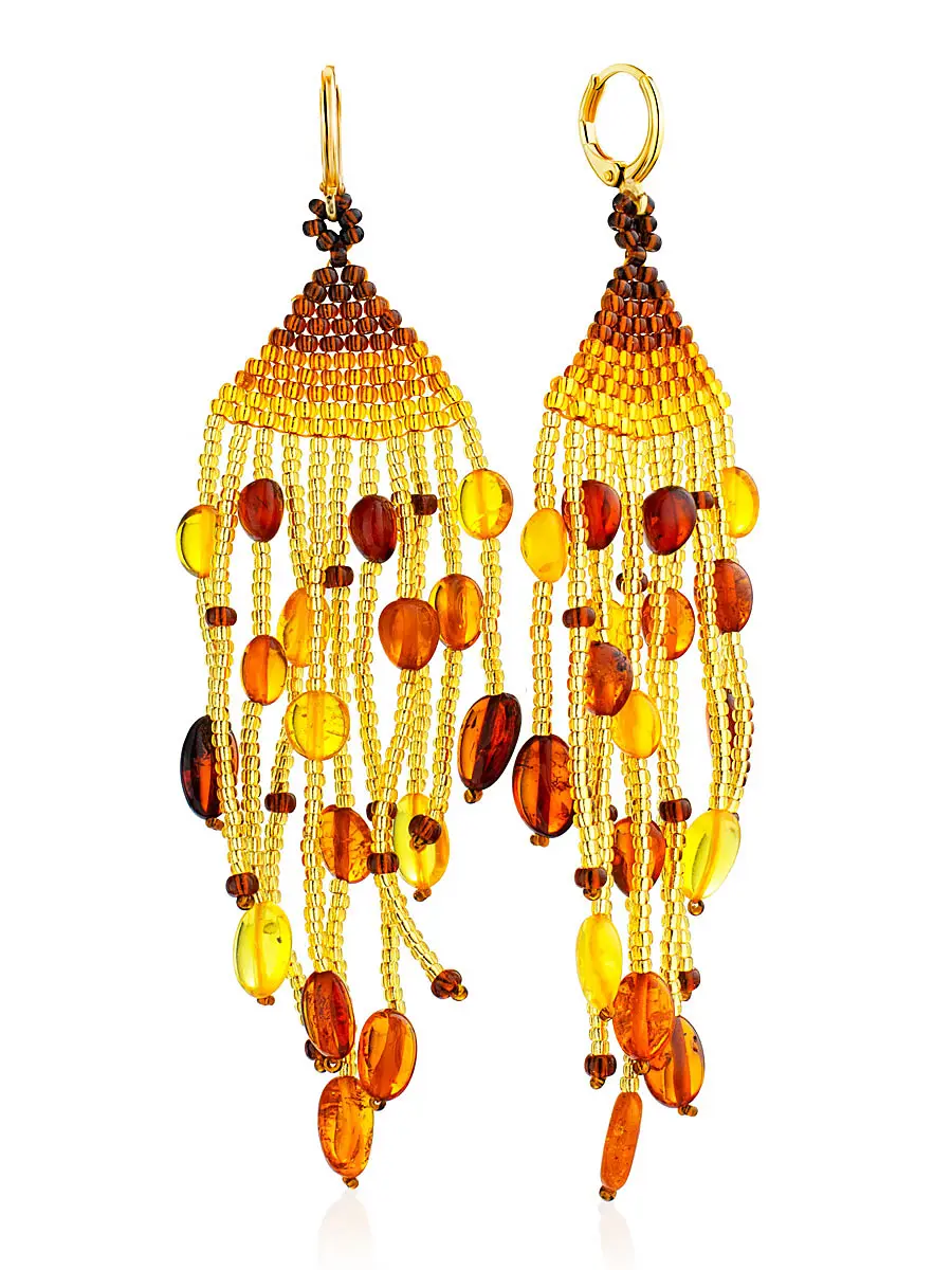 картинка Длинные ажурные серьги из бисера и натурального янтаря «Лукоморье» в онлайн магазине