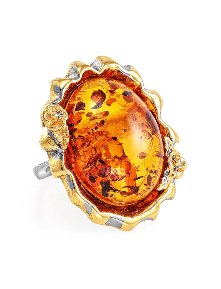 картинка Эффектное кольцо из коньячного янтаря в серебре с позолотой «Версаль» в онлайн магазине