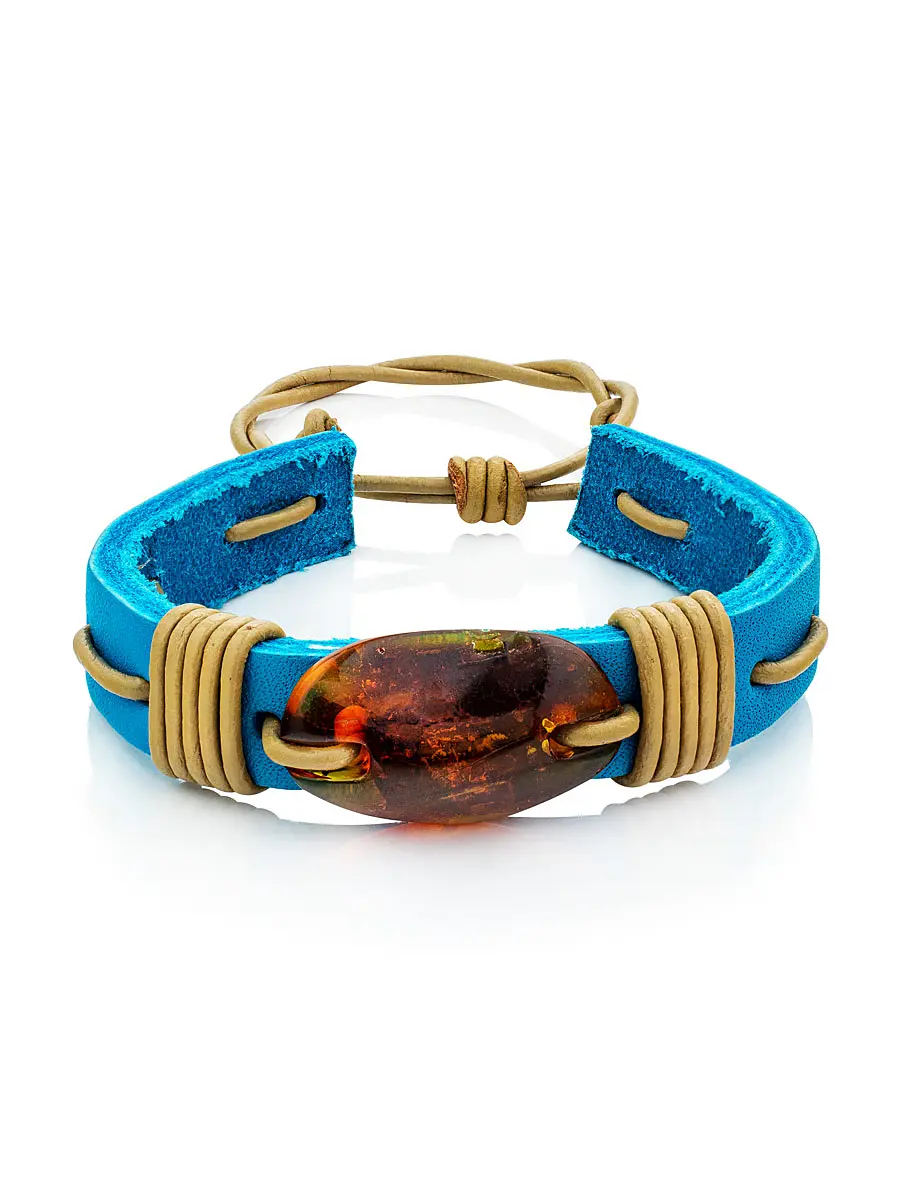картинка Яркий голубой браслет из кожи с кусочком натурального янтаря «Копакабана» в онлайн магазине