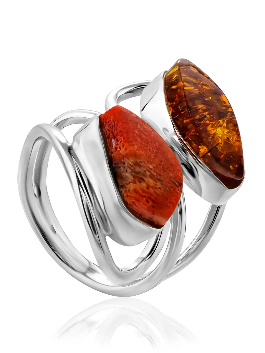 картинка Стильное кольцо с вставками из натурального янтаря и дерева Bella Terra в онлайн магазине