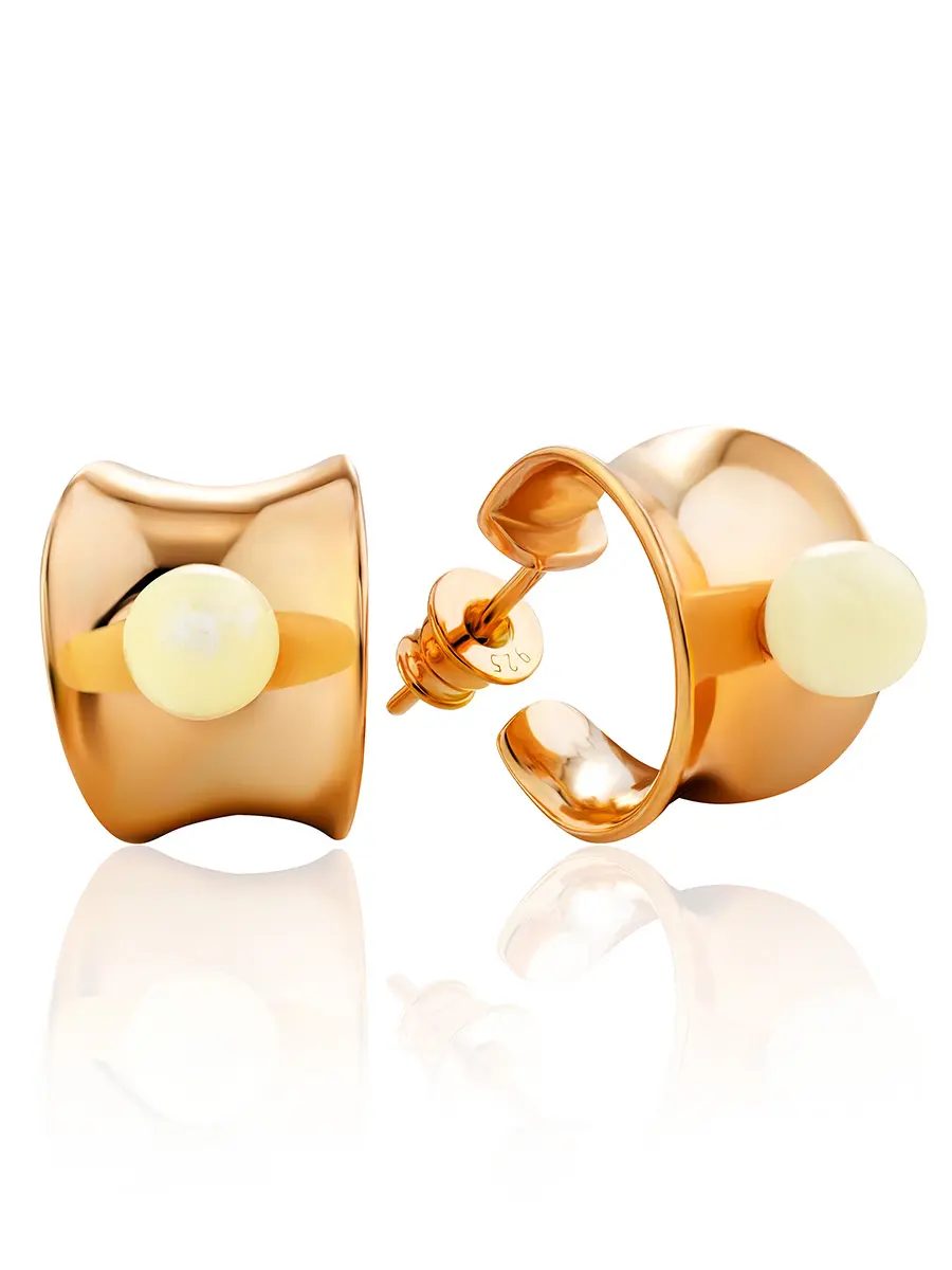 картинка Широкие серьги-кольца из серебра в розовом золочении с медовым янтарём Palazzo от ifamore™ в онлайн магазине
