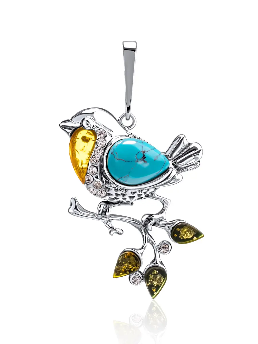картинка Красивый кулон с янтарем, бирюзой и кристаллами «Синичка» в онлайн магазине