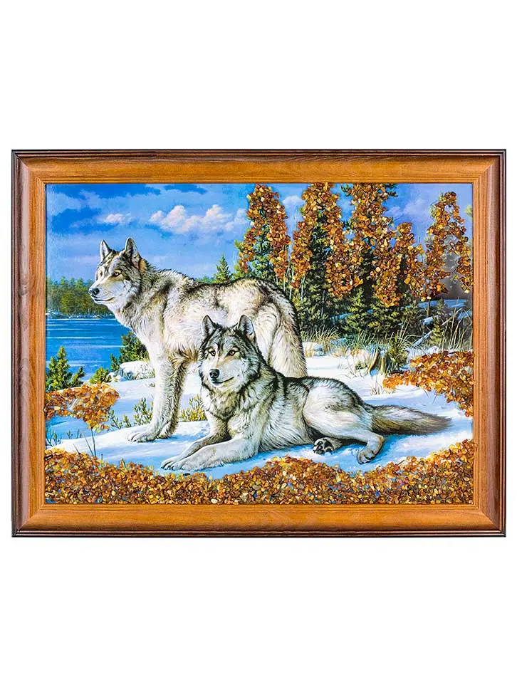 картинка Яркая картина с натуральным балтийским янтарём «Перед охотой» 34 см (В) х 44 см (Ш) в онлайн магазине