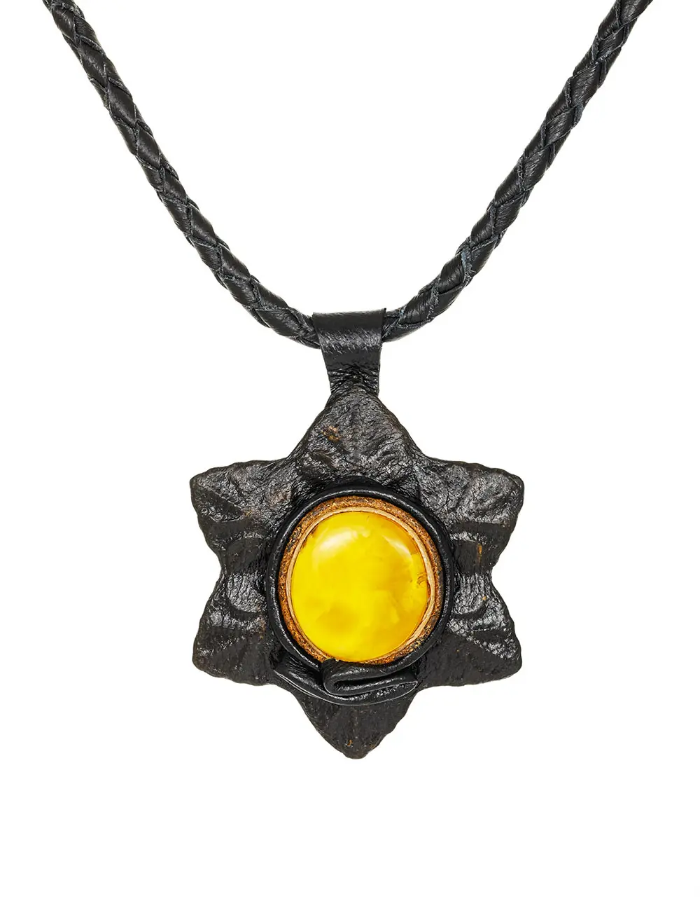 картинка Колье-цветок из кожи «Амазонка» с медовым янтарём  в онлайн магазине