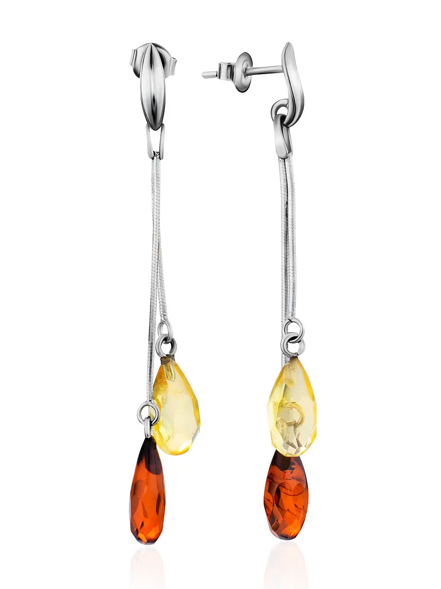 картинка Удлинённые серьги-гвоздики с натуральным янтарём «Алмазные капли» в онлайн магазине