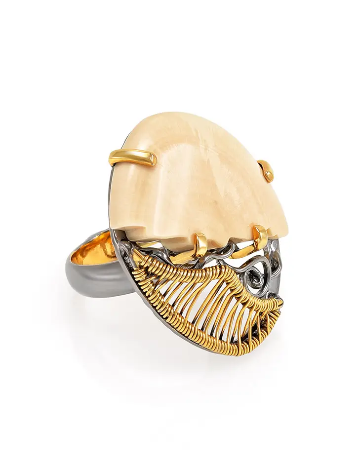 картинка Необычное кольцо из позолоченного серебра с бивнем мамонта «Эра» в онлайн магазине