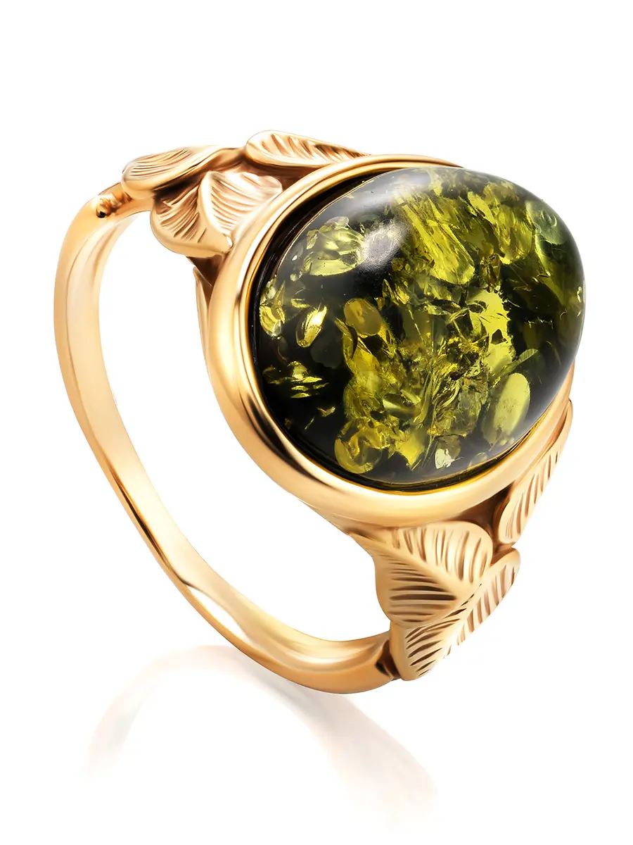 картинка Красивое кольцо «Кармен» из позолоченного серебра и зелёного янтаря в онлайн магазине