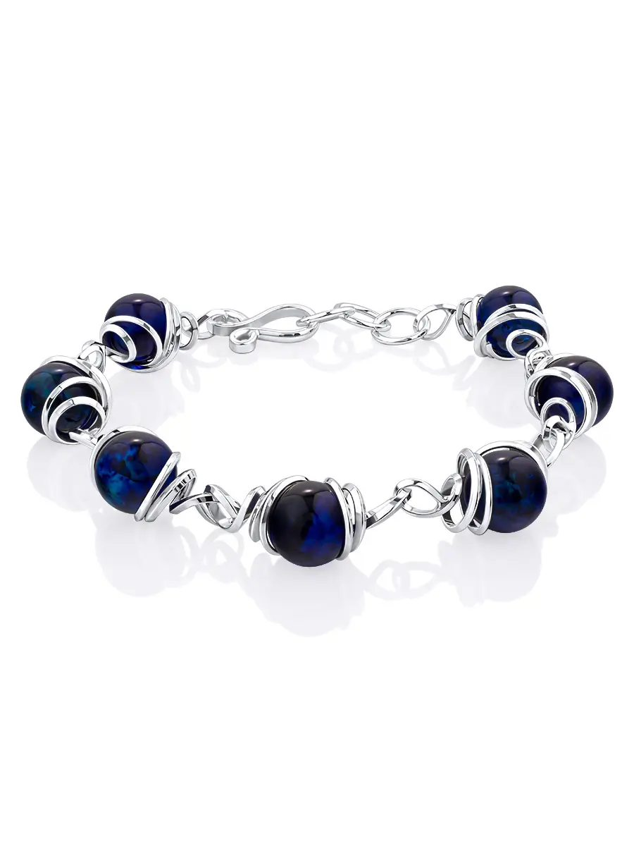 картинка Эффектный яркий браслет «Валенсия» с янтарём тёмно-синего цвета в онлайн магазине