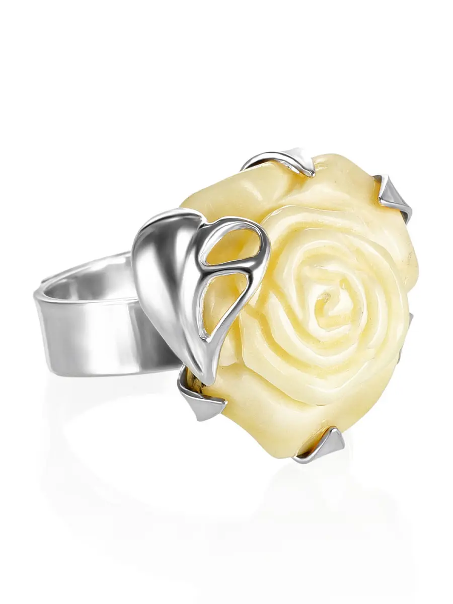картинка Нарядное кольцо из серебра с натуральным медовым янтарём «Роза» в онлайн магазине