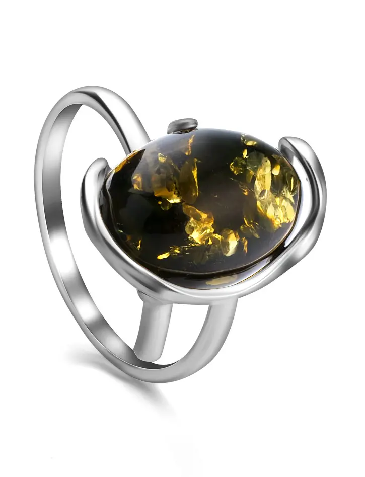 картинка Изящное серебряное кольцо с натуральным зеленым искрящимся янтарем «Вивальди» в онлайн магазине