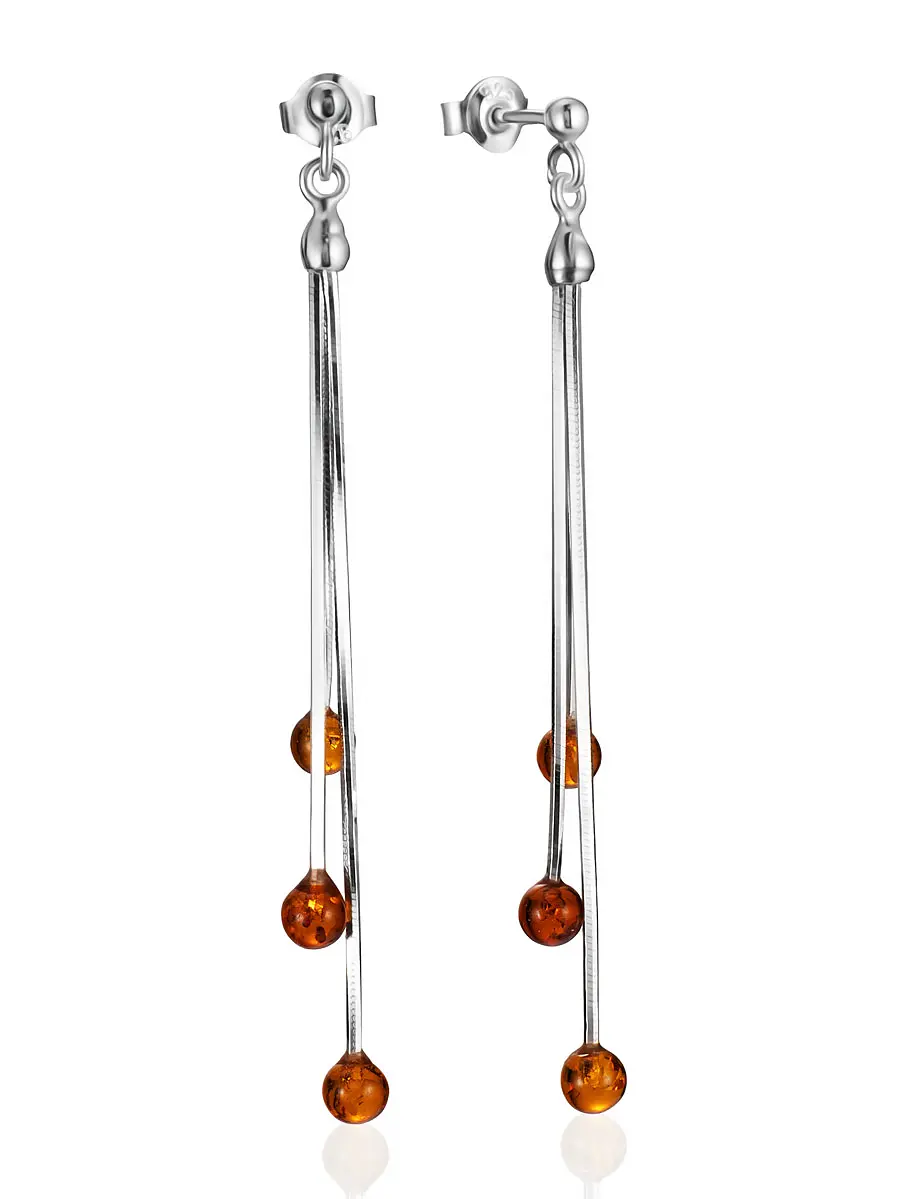 картинка Серьги-гвоздики «Рябина» с янтарём на цепочках в онлайн магазине