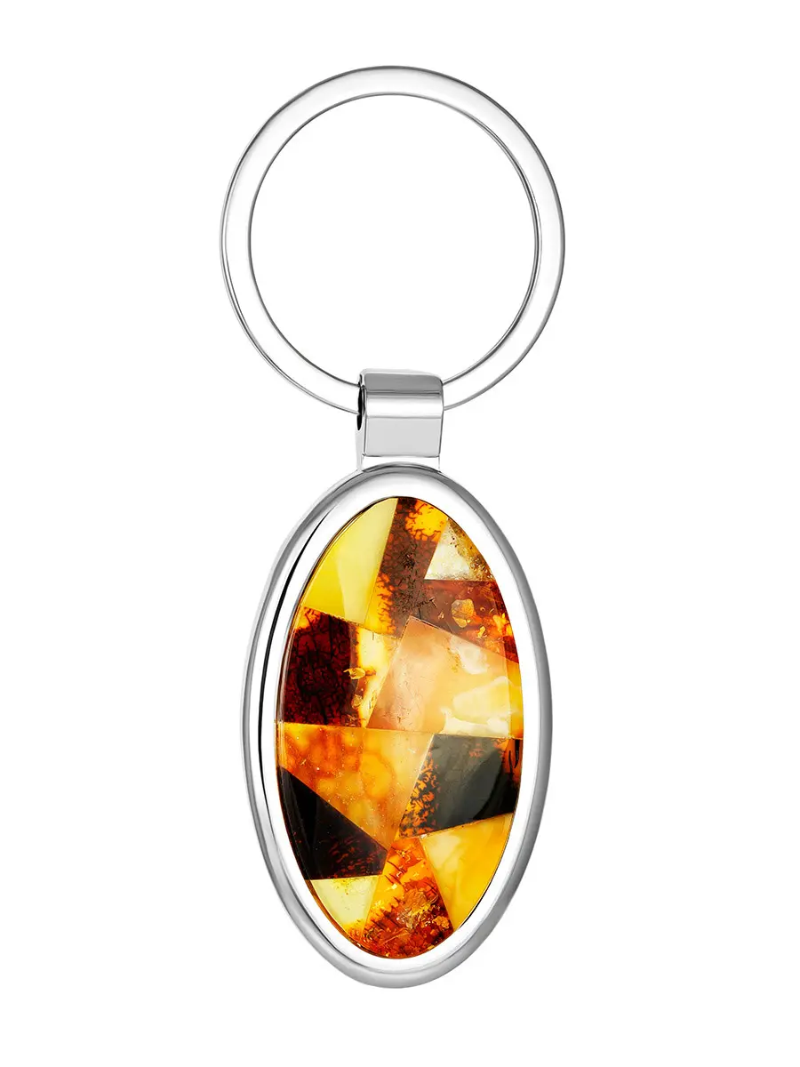 картинка Овальный брелок с натуральным янтарем лимонного и вишневого цветов, выложенным в красивую мозаику в онлайн магазине