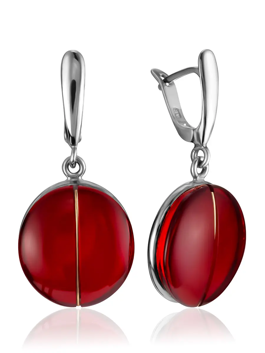 картинка Стильные серьги с ярко-красным янтарём «Сангрил» в онлайн магазине