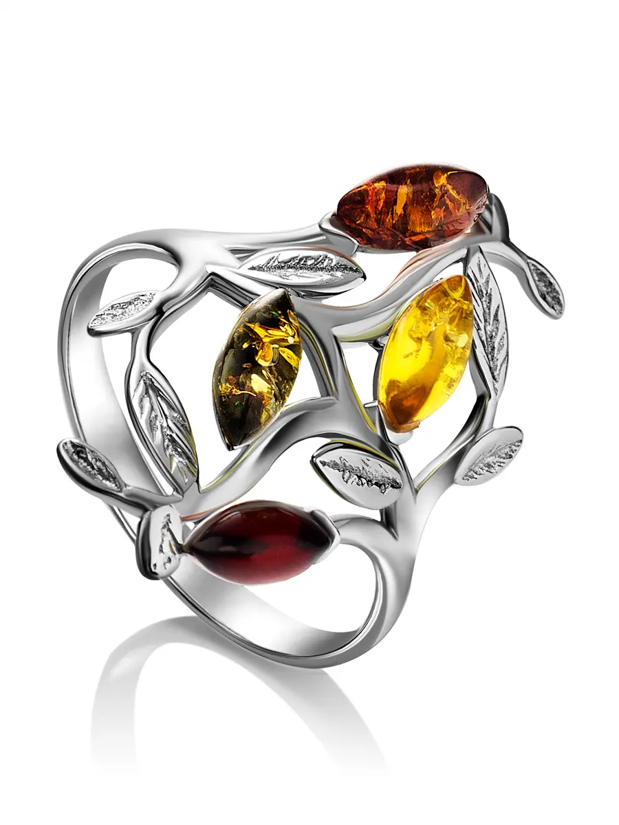 картинка Эффектное кольцо из серебра, украшенное янтарём разных цветов «Тропиканка» в онлайн магазине