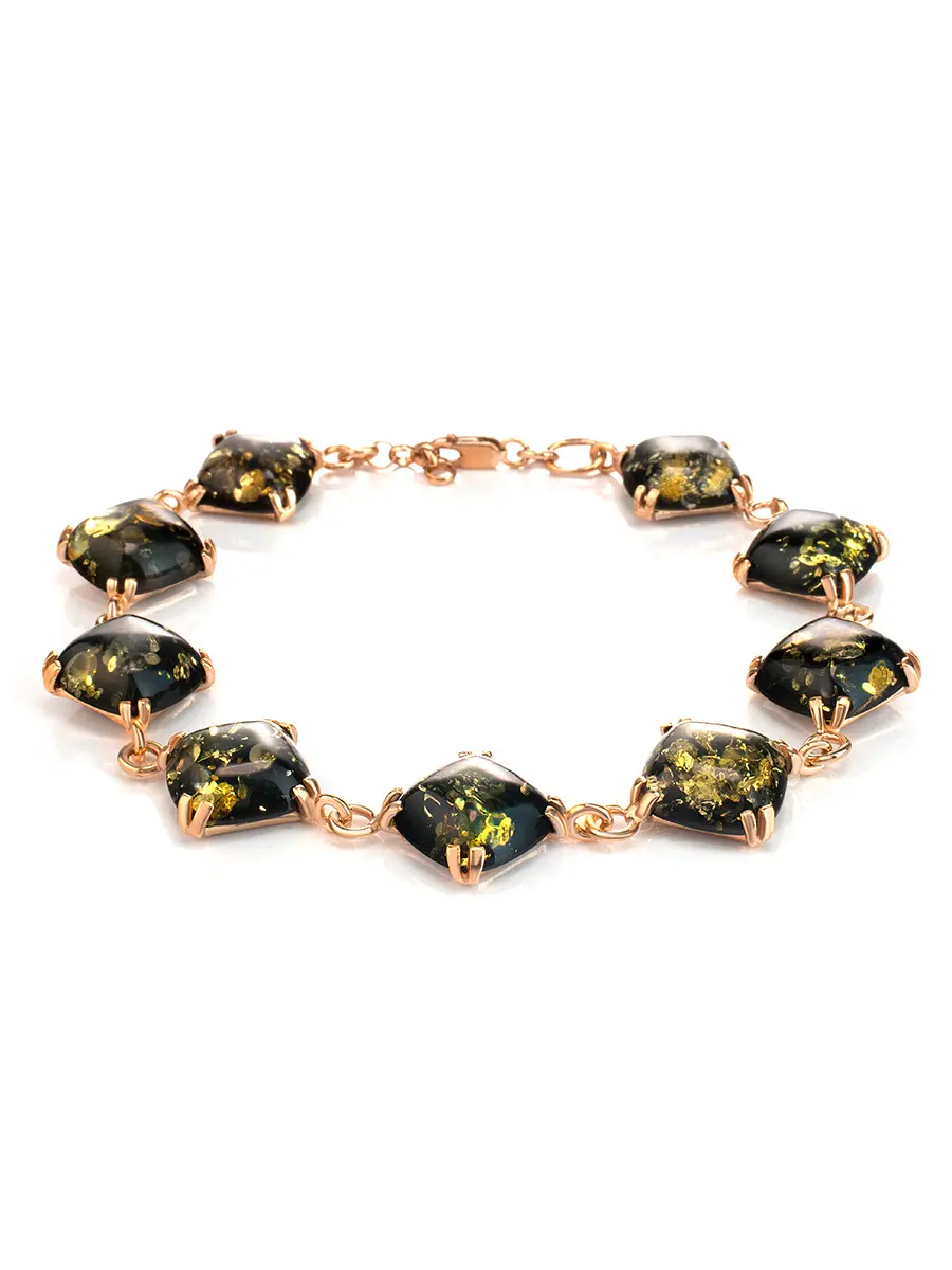 картинка Нарядный элегантный браслет «Византия» из позолоченного серебра и зелёного янтаря в онлайн магазине