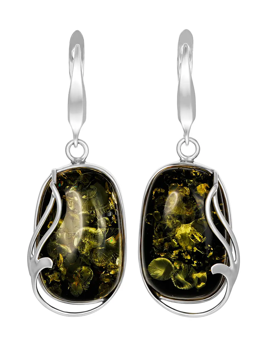 картинка Серьги из серебра и натурального балтийского янтаря зелёного цвета «Маньяна» в онлайн магазине