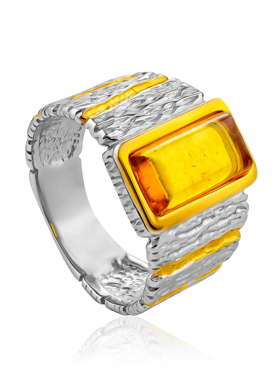картинка Широкое стильное кольцо из «Бубинга» из натурального янтаря в онлайн магазине