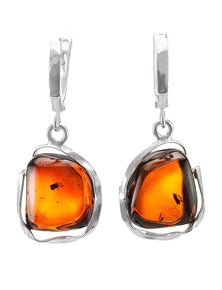 картинка Серебряные серьги со вставкой из натурального янтаря темно-вишневого цвета «Лагуна» в онлайн магазине