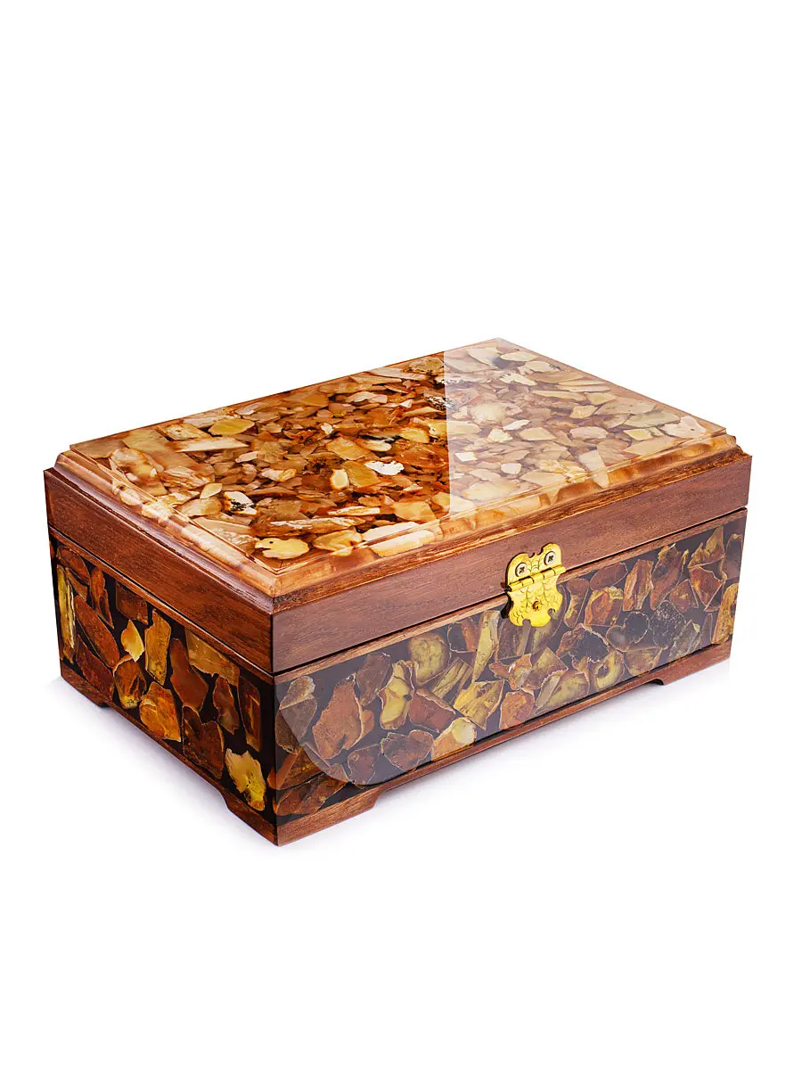 картинка Большая деревянная шкатулка с красивой янтарной мозаикой в онлайн магазине