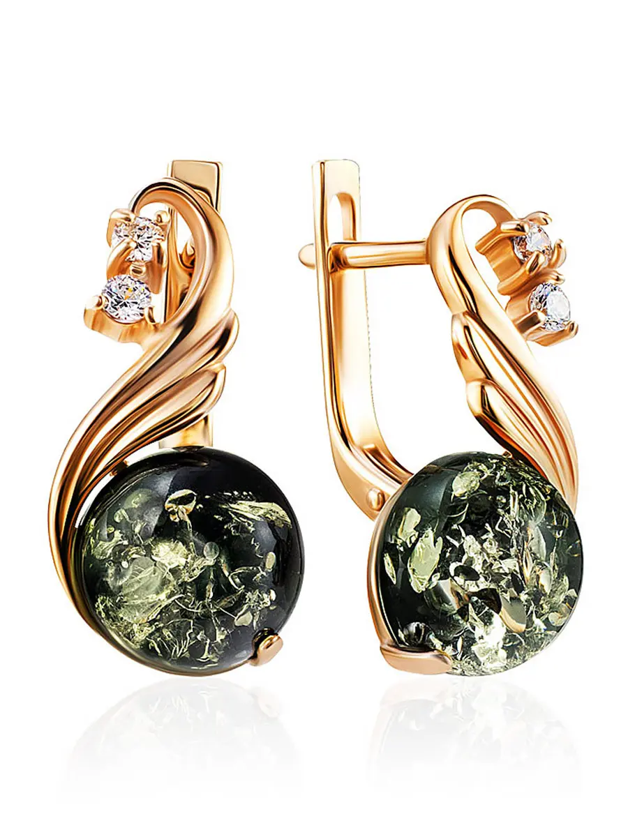 картинка Великолепные золотые серьги с натуральным зелёным янтарём и цирконитами «Лебедь» в онлайн магазине