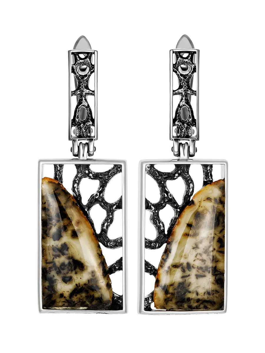 картинка Прямоугольные серьги со вставками пейзажного янтаря «Модерн» в онлайн магазине