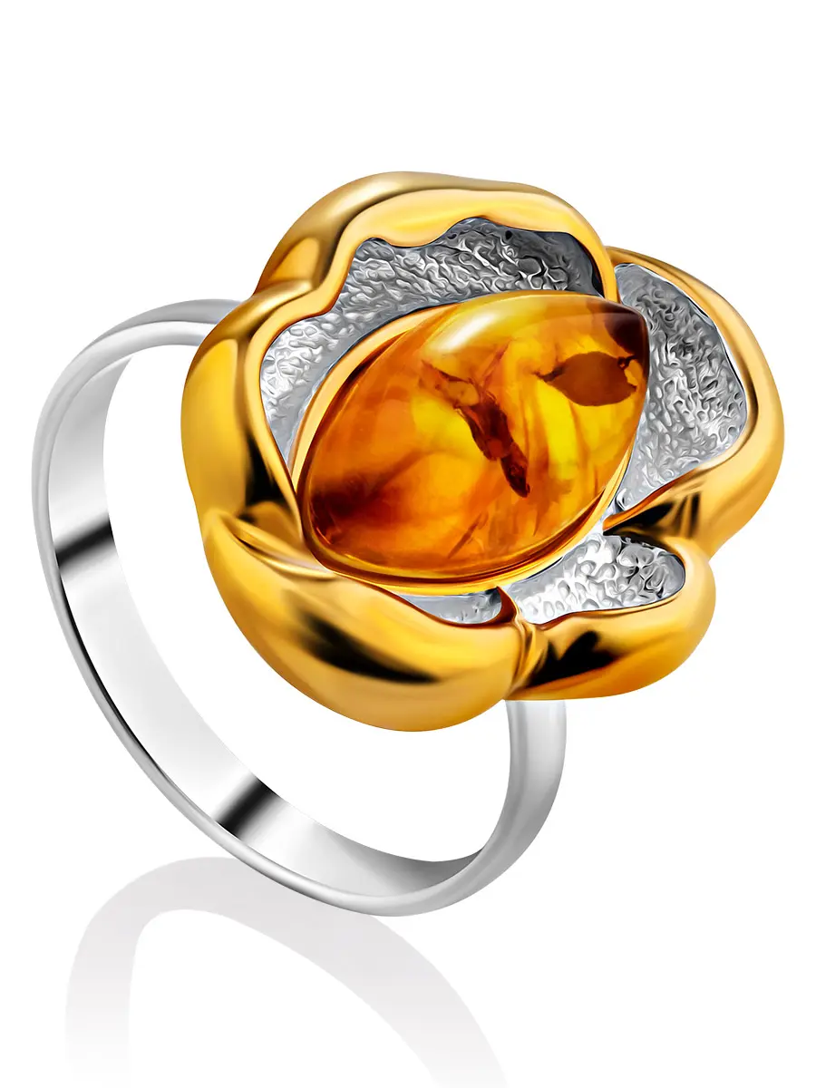 картинка Красивое кольцо в цветочном дизайне из серебра и янтаря «Протея» в онлайн магазине