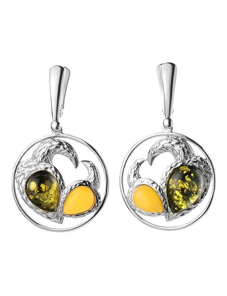 картинка Эффектные круглые серьги «Лирика» из серебра и натурального янтаря двух цветов в онлайн магазине