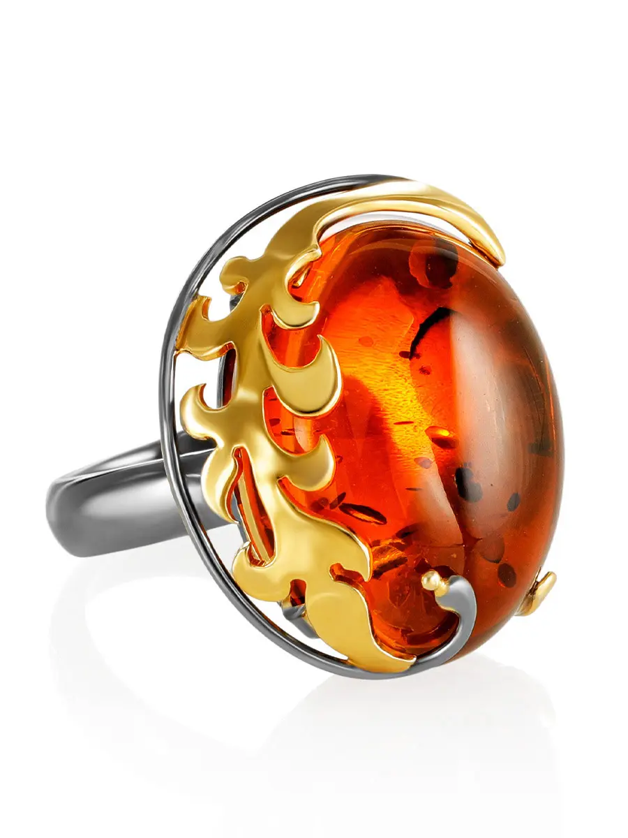 картинка Крупное эффектное кольцо с цельным коньячным янтарём «Версаль» в онлайн магазине