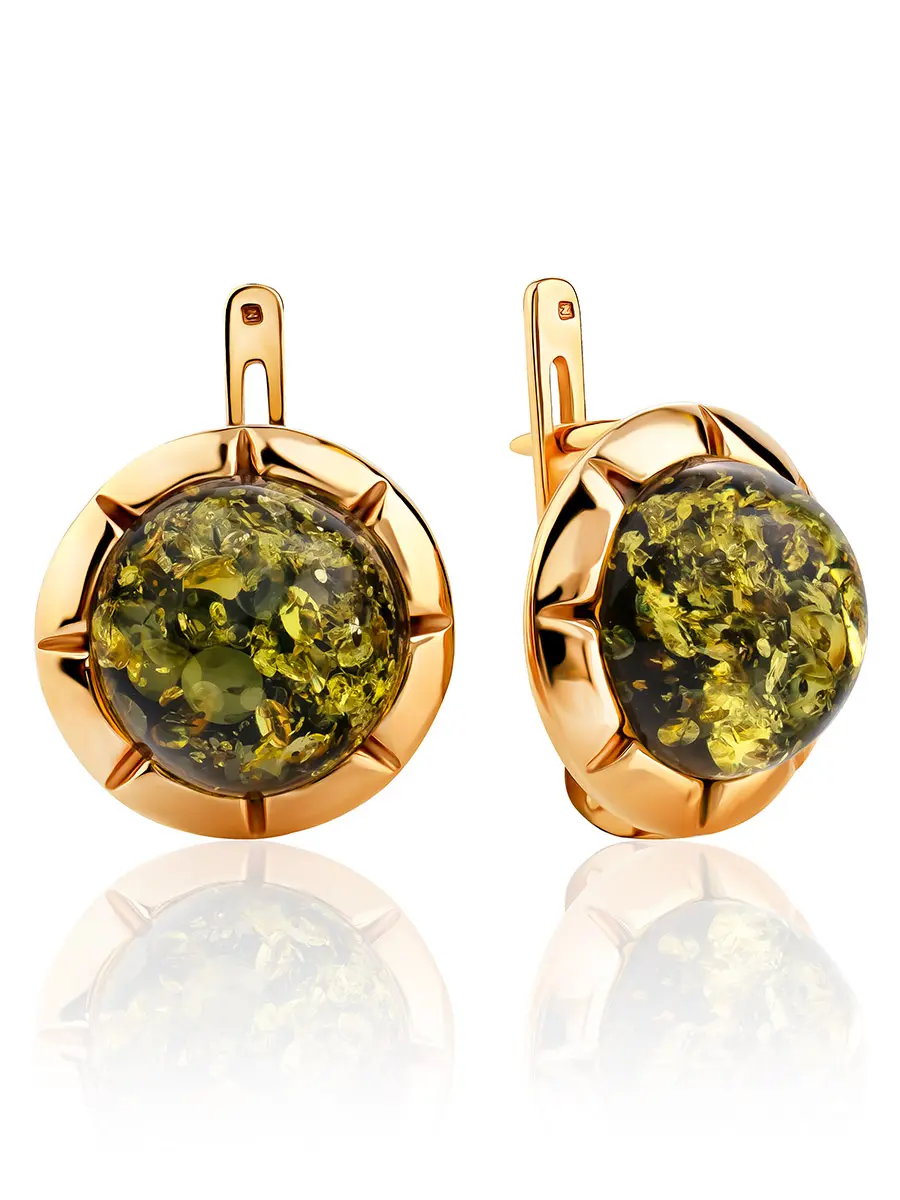 картинка Круглые серьги из натурального янтаря зелёного цвета «Камелия» в онлайн магазине