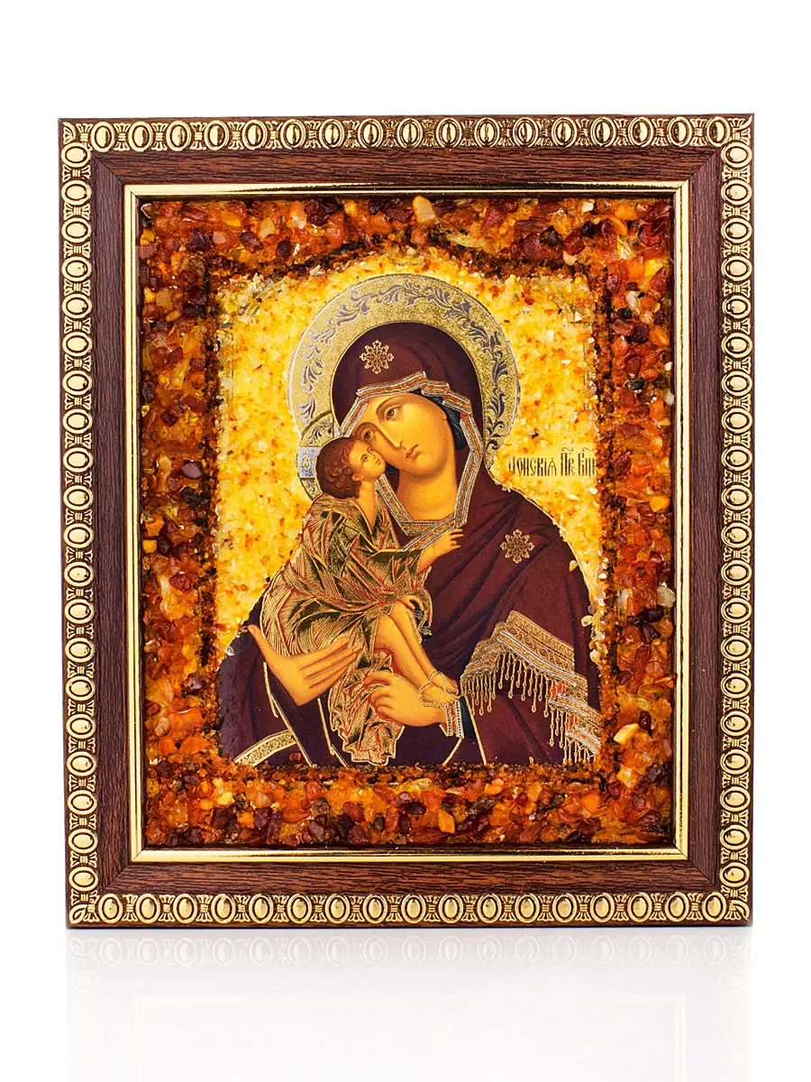 картинка Богоматерь «Донская». Икона, украшенная натуральным балтийским янтарём в онлайн магазине