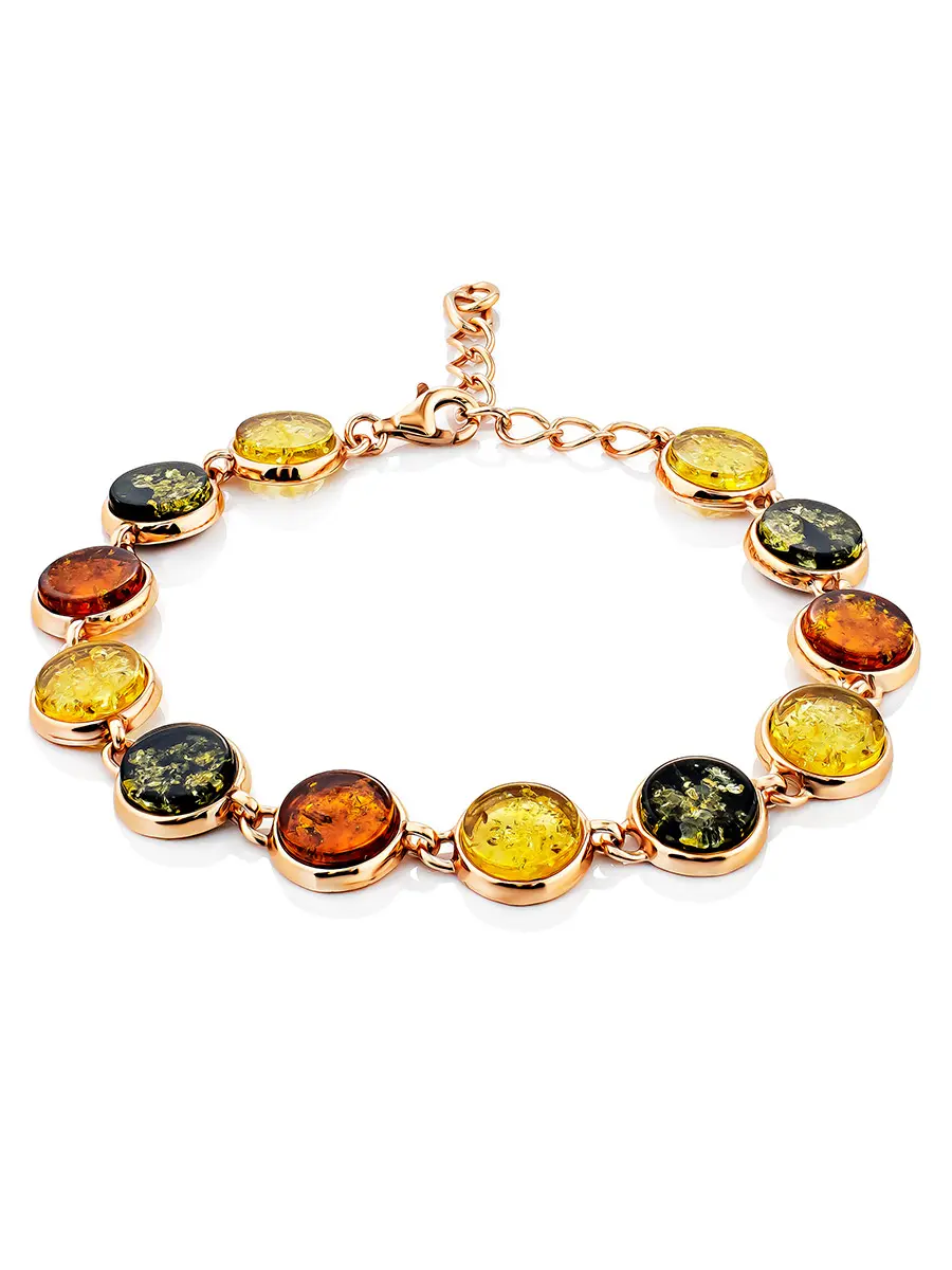 картинка Яркий браслет из позолоченного серебра и янтаря разных оттенков «Фурор» в онлайн магазине