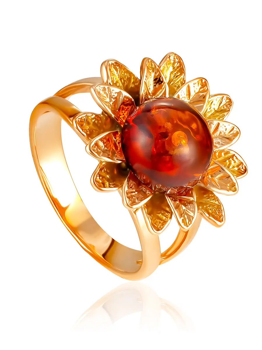 картинка Эффектное яркое кольцо «Астра» с натуральным коньячным янтарём в онлайн магазине