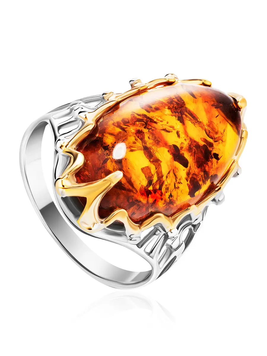 картинка Эффектное кольцо «Сеговия» из серебра с позолотой и натурального янтаря коньячного цвета в онлайн магазине