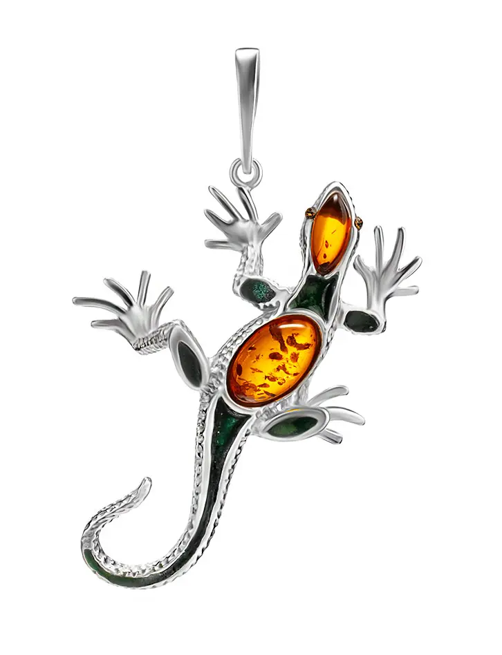 картинка Кулон из серебра «Ящерка», украшенный натуральным цельным янтарём в онлайн магазине