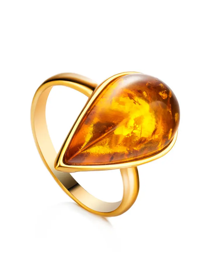 картинка Эффектное кольцо из позолоченного серебра и золотистого янтаря «Импульс» в онлайн магазине