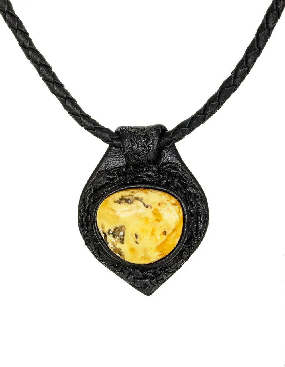 картинка Колье из кожи «Амазонка» с пейзажным янтарём  в онлайн магазине