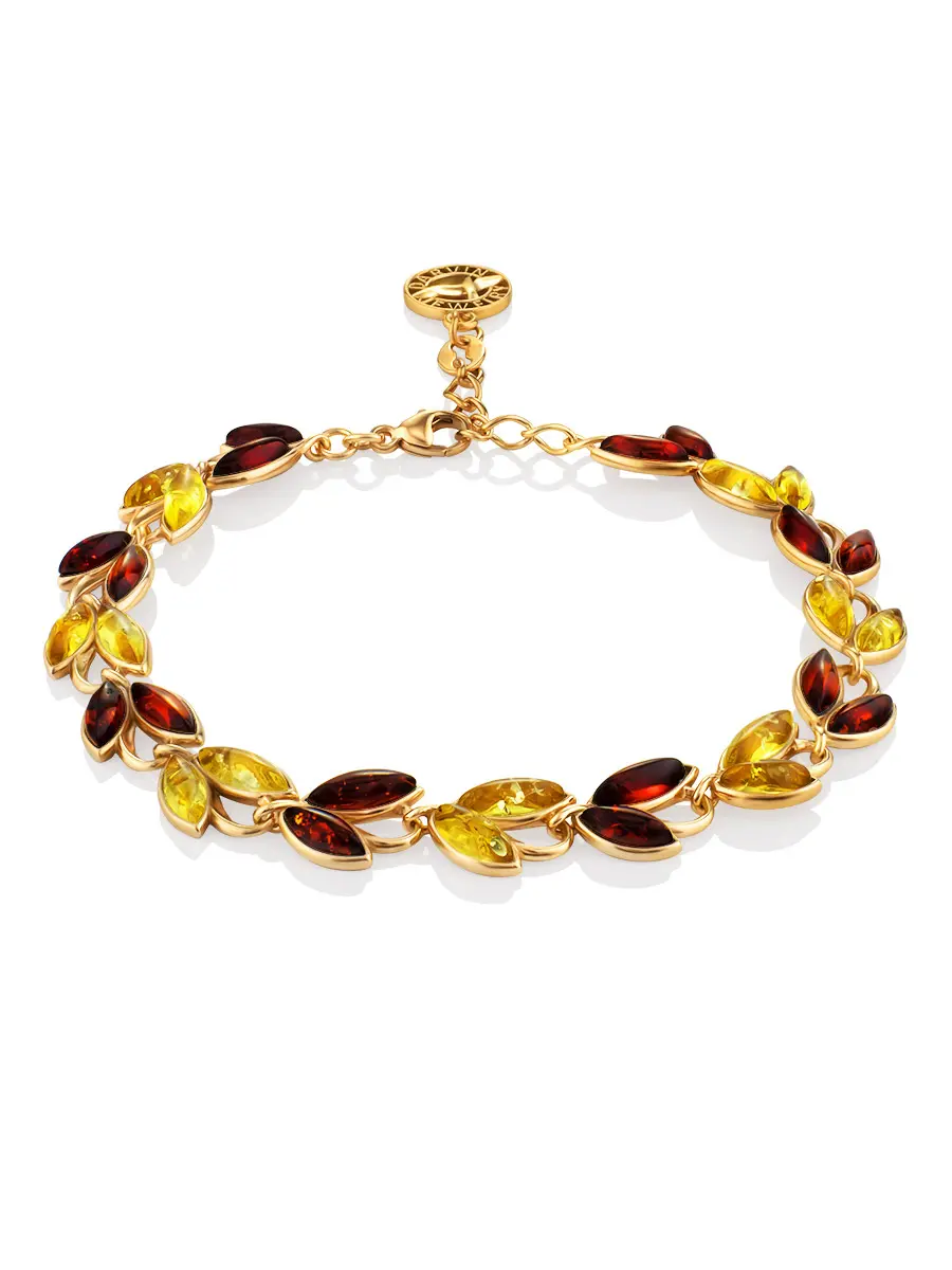 картинка Яркий нарядный браслет «Флора» из позолоченного серебра и янтаря разных оттенков в онлайн магазине