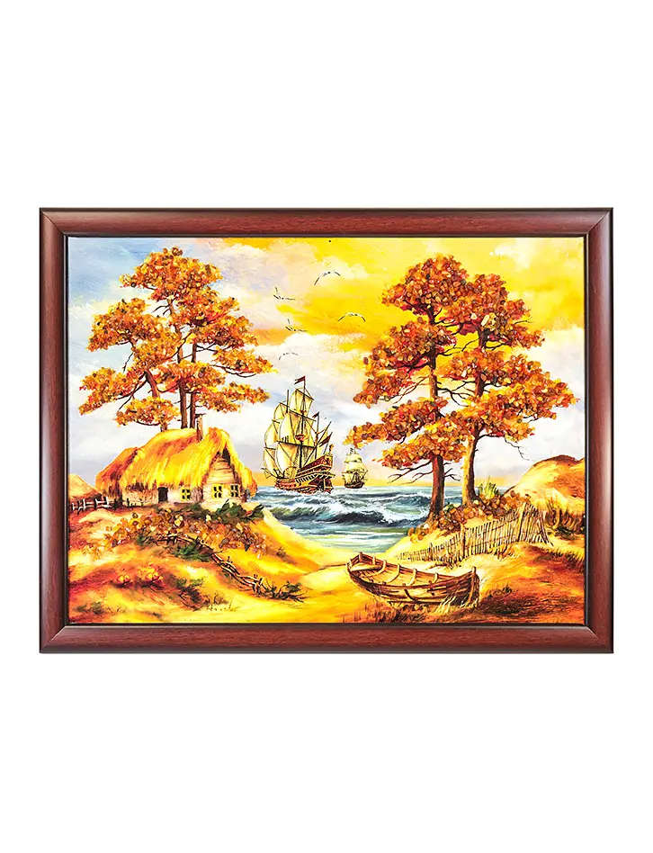 картинка Картина горизонтального формата украшенная натуральным балтийским янтарём «Домик у моря» 34 (В) х 44 (Ш) в онлайн магазине